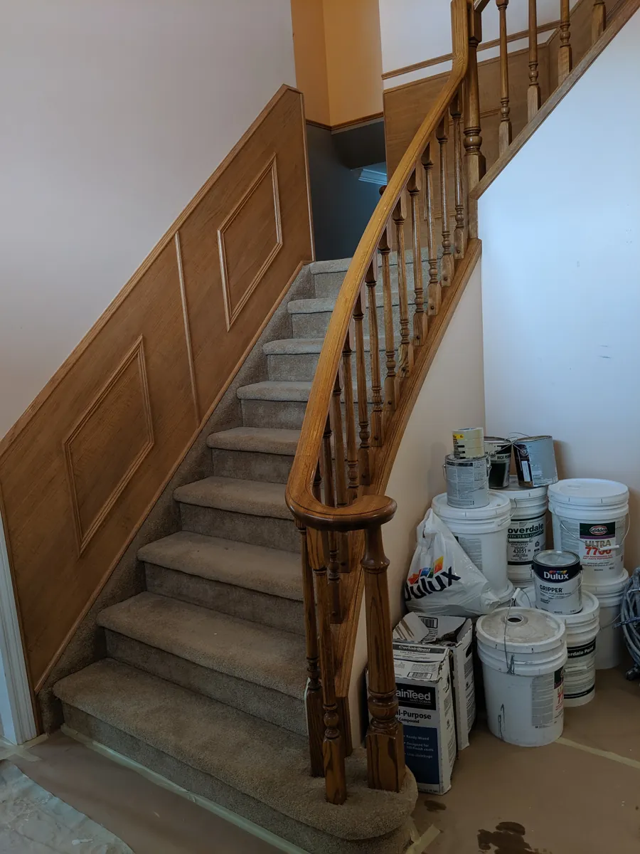 Interior repaint with oak railing and wainscotting, Sherwood Park