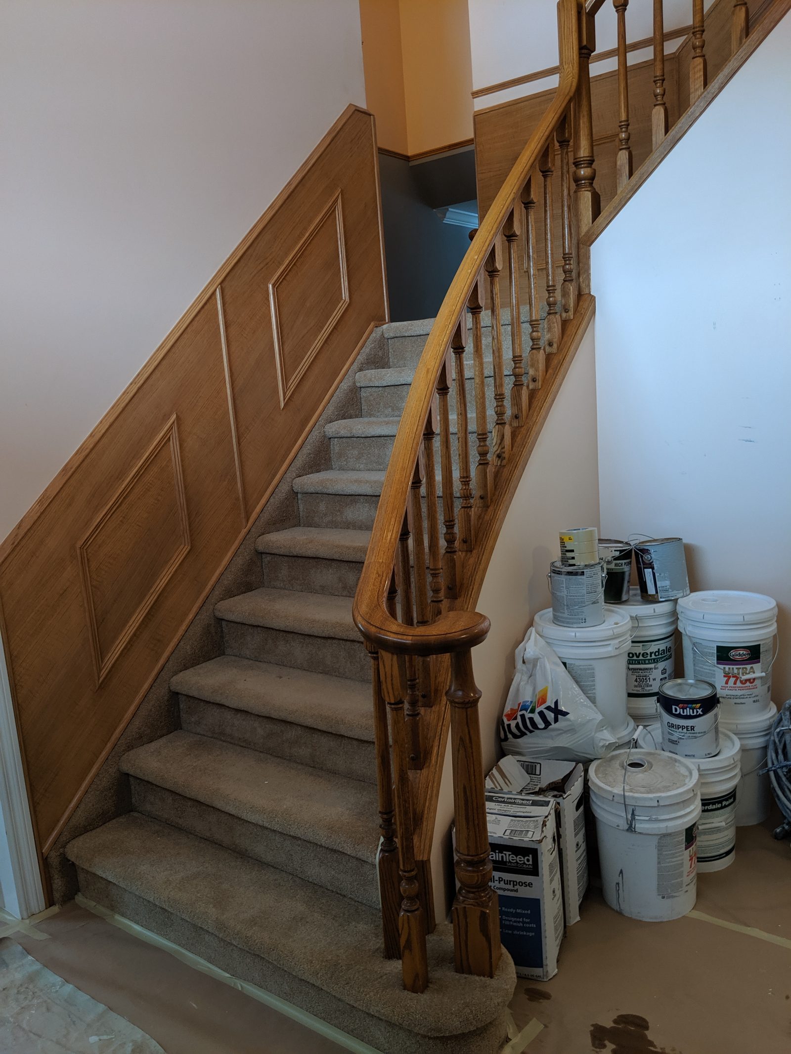 Interior repaint with oak railing and wainscotting, Sherwood Park